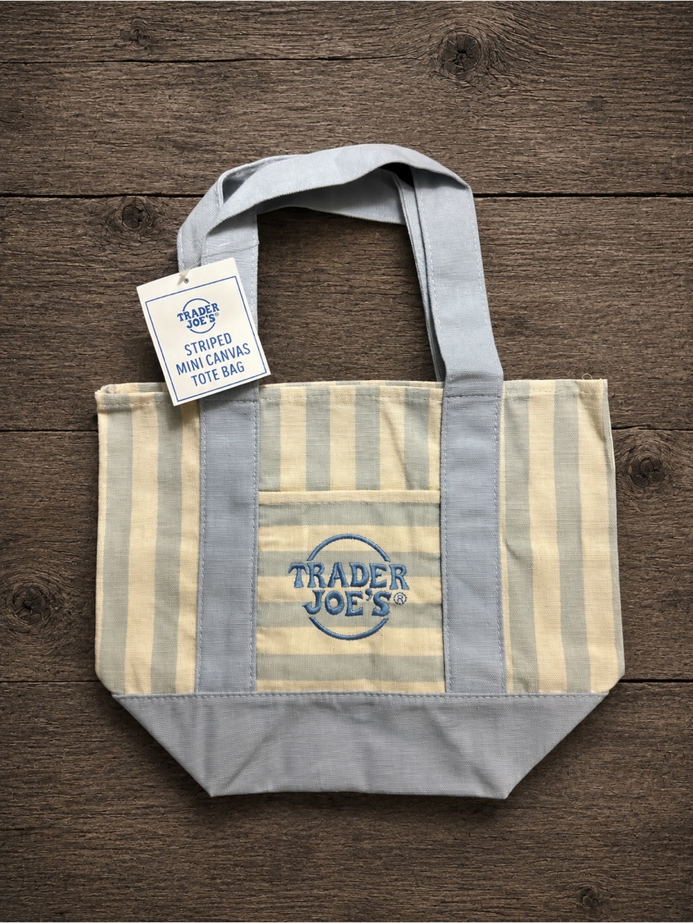 NWT Trader Joe's Striped Mini Canvas Tote Bag - Light Blue & Cream - Picture 2 of 3